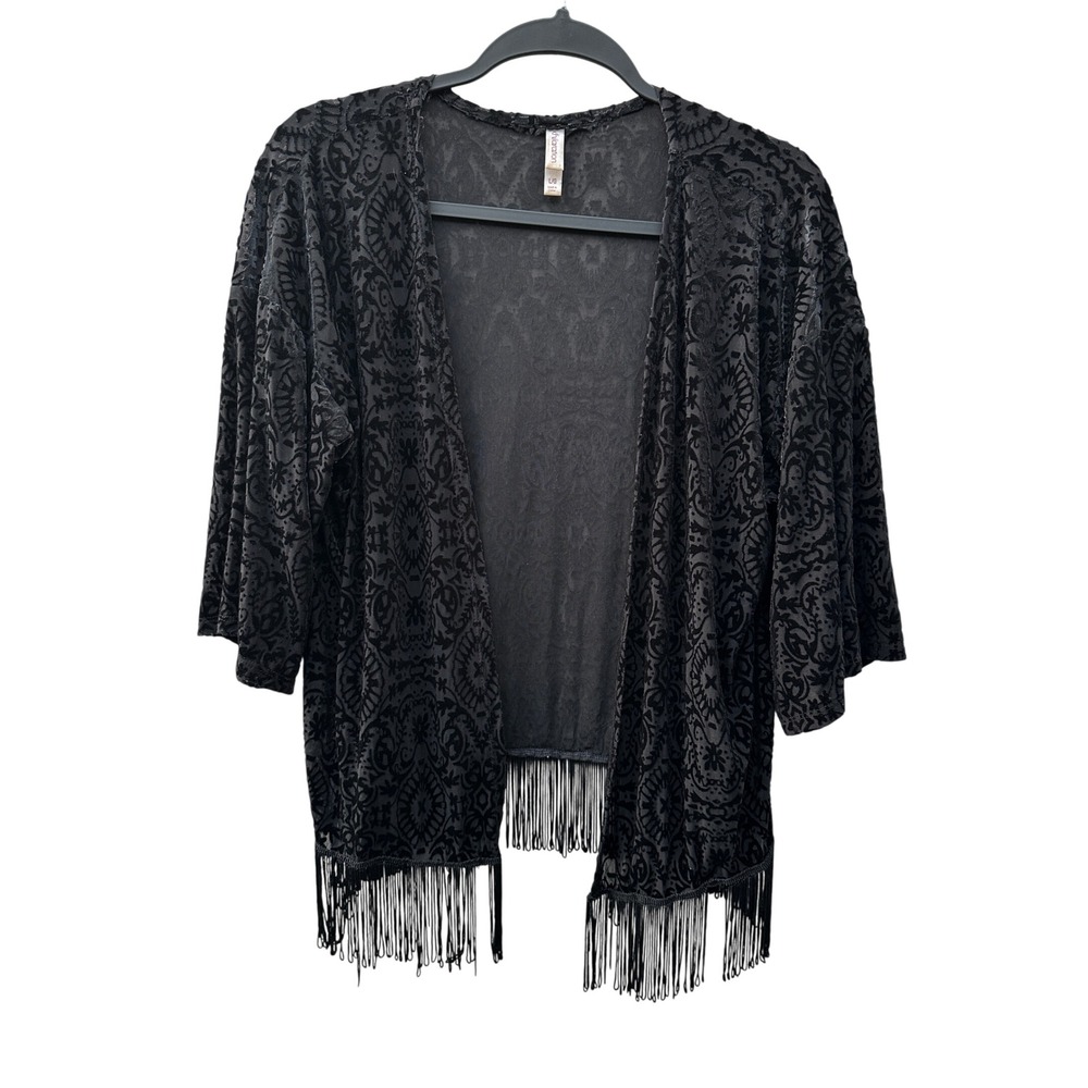 Xhilaration Vtg Black Burnout Velvet Fringe Kimono Wrap Damask Sheer Mesh Large